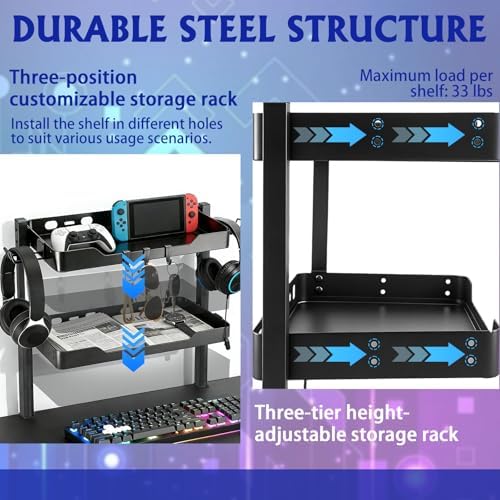 2-Tier Clamp on Desk Shelf, Dual-purpose Desk Organizer (Used on or Under Desk Storage), Desk Shelf Clamp with Hooks and High Load-bearing capacity, Suitable for Office Desk, Gaming Accessories - Image 6