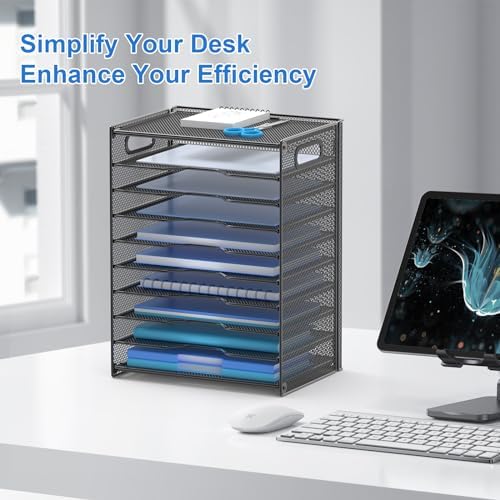 OUTWOLF 10 Tier Paper Organizer - Letter Tray Mesh Desk File Organizer with Handles for Office School Desktop, Black - Image 2