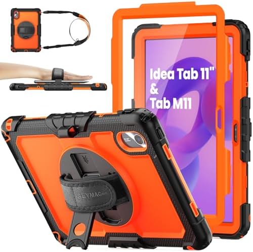 SEYMAC stock Tablet Case for Lenovo Idea Tab 11'' / M11 (TB336FU/TB330FU) 11 inch Drop-Proof Protection Cover with 360° Rotate Stand & Strap [Pen Holder] & Screen Protector 2025/2024, Orange+Black by SEYMACstock