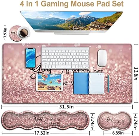 Large Mouse Pad, Desk Mat, Keyboard Pad+ Ergonomic Keyboard Wrist Rest Set,Extended Laptop Protector Writing Mat for Home Office Desktop, Psalm 46:5 Pink Gaming Mouse Pad Office Desk Pad Wrist Rest - Image 3