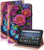 Case for Kindle Fire HD 10 & 10 Plus Tablet (13th/11th Generation, 2023/2021 Release) 10.1" - PU Leather Flip Case with Elastic Band & Card Slots/Holder, Multi-Angle Stand Cover - Colorful Butterfly by TUOLISG