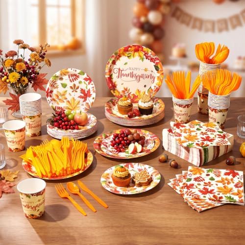 400 Pcs Happy Thanksgiving Party Decorations for 50 Guests, Watercolor Maple Leaf Paper Plates Napkins Cups Cutlery for Fall Thanksgiving Give Thanks Harvest Party Supply - Image 6