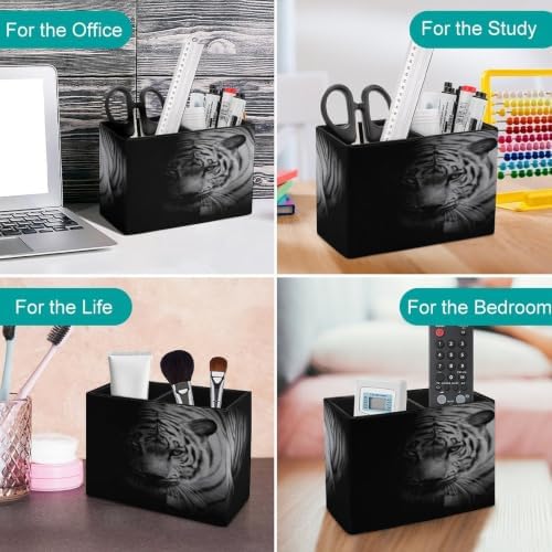 PU Leather Multi-Compartment Pen Holder Desktop Organizer Pencil Cup Storage Caddy for Office Home Supplies White Tiger Isolated on Black Background - Image 4