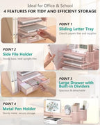WALI Desk File Organizer, 5 Tier Desktop Paper Letter Tray Organizer with Drawer and 2 Pen Holders, Office Desk Accessories & Workspace Organizers for Office, Home Supplies(DO006DH-P), 1 Pack, Pink - Image 4