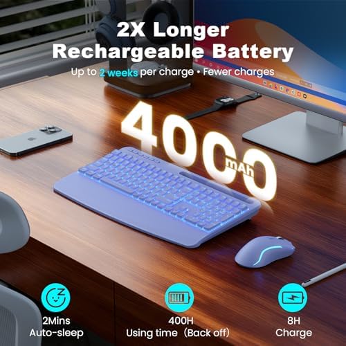 Purple Keyboard and Mouse Wireless Combo, 4000mAh Rechargeable Backlit Quiet Keyboards mice Set, USB Ergonomic Key Board with Wrist Rest & Phone Holder for PC, Mac, Windows, Natural Soft Typing - Image 2