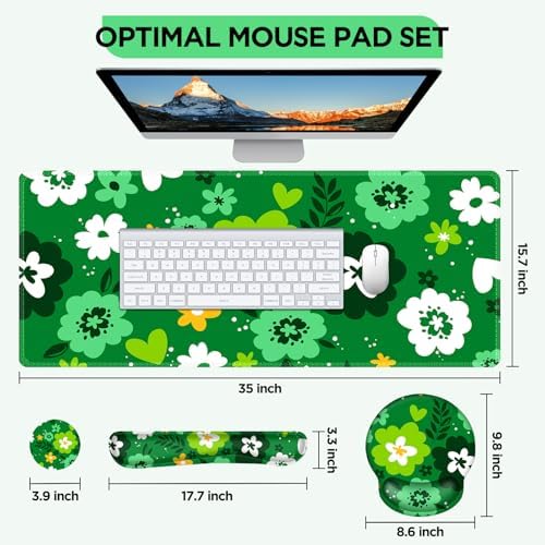 AIMSA Keyboard Mouse Pad Wrist Rest Set, Large Gaming Mouse Desk Pad with Wrist Support Ergonomic Design, 4 in 1 Mousepad for Home Office, Green Flowers - Image 7