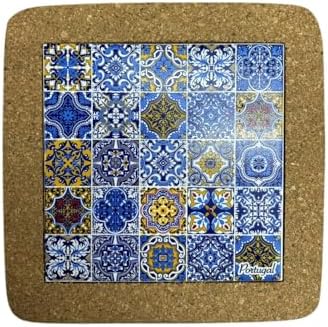 Portugal Azulejo Tiles, Ethnic Portugese Ceramic Tiles - Cork Trivets - Home & Wall Decorations (7.8 Inch - 20cm) (Portugal in 25 Multicolor Azul) by GOLDTON