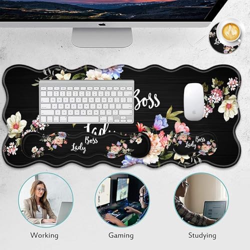 4 in 1 Desk Mat Set,Mouse Pad with Keyboard Wrist Rest,Wave-Shaped Design,Non-Slip Rubber Base,Waterproof,for Home,Office,Gaming,Flower Boss Lady - Image 6
