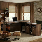 70 Inches L Shaped Executive Standing Desk, Electric Height Adjustable Desk with File Cabinet, Computer Corner Table with AC/USB and Privacy Panel for Home and Office, Black Walnut by Perledesign%E2%80%93WorkinStyle