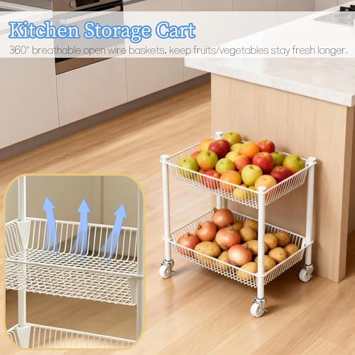 2 Tier Small Utility Cart on Wheels Short Rolling Pantry Cart Thick Metal Wire Basket Stand, Fruit Vegetables Storage Rack for Kitchen, Under Desk Storage for Small Space Bathroom Laundry, White - Image 3