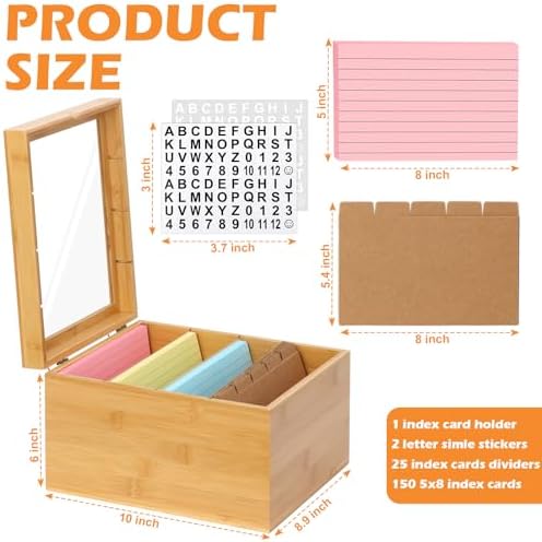 5x8 Index Card Holder with Dividers Bamboo Index Card Storage Box 4 Compartments Recipe Card Box with Lid 150 Index Flash Cards 25 Index Card Dividers 2 Letter smile Stickers for Office Business Home - Image 2