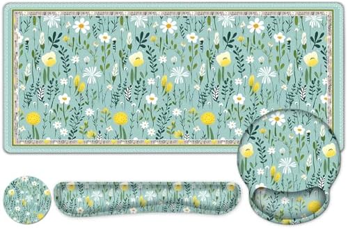 Floral Desk Mat, 4in1 Large Mouse Pad with Wrist Rest, Desk Matt for Desktop, Desk Pad Mat, Anti-Slip XXL Computer Ergonomic Mousepad with Wrist Support for Keyboard and Mouse I Green Elegant Flowers by NXZGO