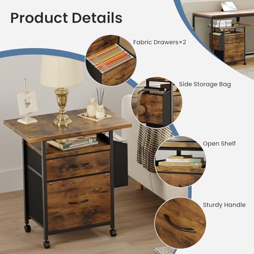Simple Deluxe 2 Drawer File Cabinet with 24" Extended Desktop, Mobile Filing Cabinet, Rolling File Cabinet with Side Bag, Fabric Drawer, Fits A4/Letter Size, Printer Stand Home Office, Brown - Image 5