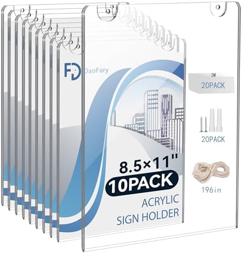 Daofary Acrylic Wall Sign Holder 8.5 x 11, 10 Pack Wall Mount,3-Way Install by Daofary