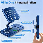 6 in 1 Wireless Charger for Apple Multiple Devices, Charging Station with Clock &7 Color Ambient Light, Foldable Rotate Stand for iPad, for iPhone17/16/15, Support for Apple Watch11/10 For AirPods4 - Image 6