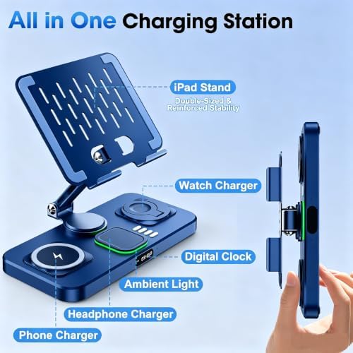 6 in 1 Wireless Charger for Apple Multiple Devices, Charging Station with Clock &7 Color Ambient Light, Foldable Rotate Stand for iPad, for iPhone17/16/15, Support for Apple Watch11/10 For AirPods4 - Image 6