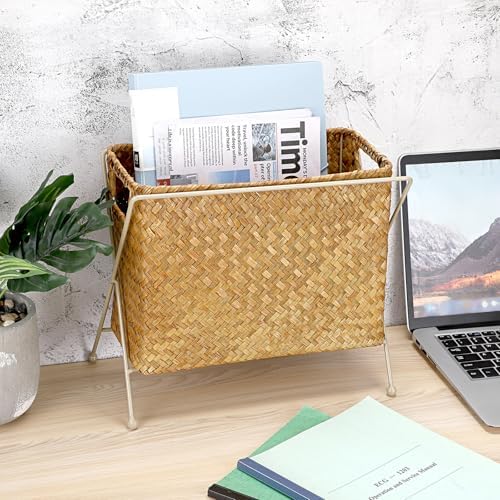 BTSKY Handwoven Magazine Holder, Natural Seagrass Magazine Basket with Metal Rack, Mail Holder Floor Organizer for Office, Living Room, Dorm, Bathroom, Woven Rattan File Basket with Handle(Caramel) - Image 5