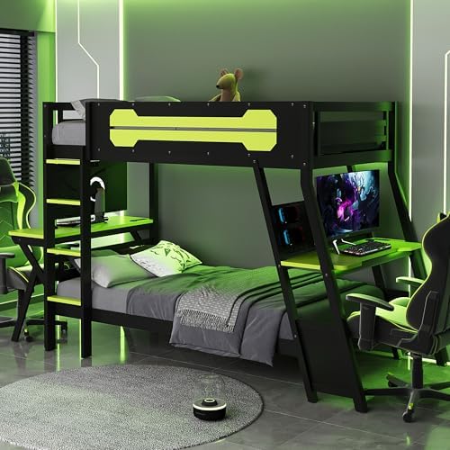 Polibi Twin Over Twin Bunk Bed with 2 Built-in Gaming Desks, USB Charging Ports & Pegboard Organizer, E-Sports Gaming Bed Frame for 2 Kids/Teens, Green (Twin Size) by Polibi