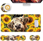 Mouse Pad,Large Desk Mat Set, 4in1 XL Mousepad + Keyboard Wrist Rest+Mouse Wrist Rest+Coaster with Ergonomic Desk Pad for Home Office Table Computer Cover -Highland Cow Sunflower by Unknown
