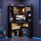 Corner Computer Desk with Hutch & Shelves and LED Reading Lights, Black by LVifurSmartFurniture