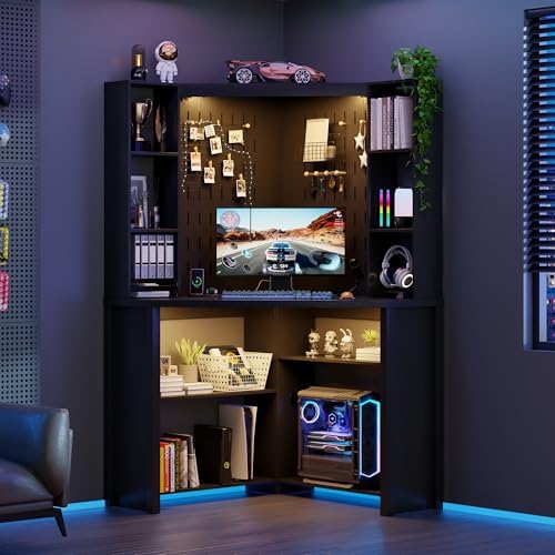 Corner Computer Desk with Hutch & Shelves and LED Reading Lights, Black by LVifurSmartFurniture
