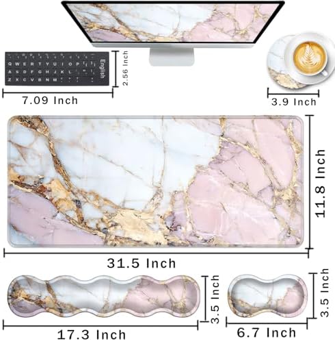 Keyboard Wrist Rest and Mouse Pad with Wrist Support Set Ergonomic Coaster,Memory Foam,Easy Typing Pain Relief,Large XL Desk Mat 31.5"x 11.8",Colorful Marble - Image 2