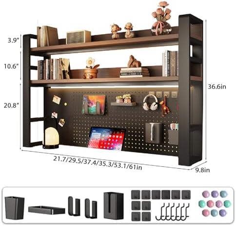 Desk Shelf Organizer for Top of Desk – Desktop Bookshelf with Pegboard & Storage Accessories, Adjustable Hutch for Dorm or Office, Steel Frame Display White frame + natural wood board 53.1*9.8*36.6in - Image 2