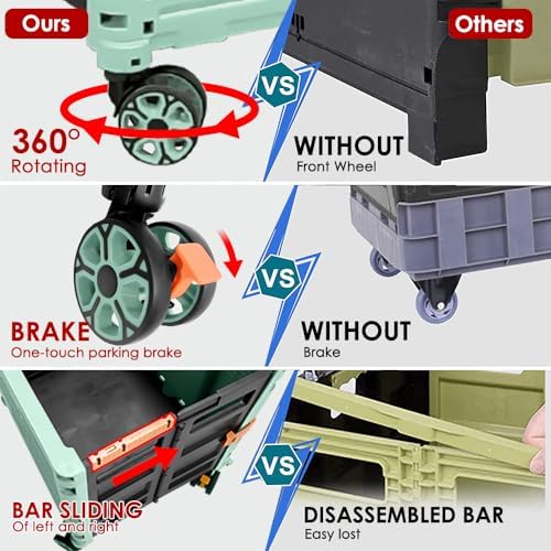 Foldable Utility Cart Portable Collapsible Crate Rolling Carts with Wheels Rolling Tote Basket Teacher Cart with Lid Wear-Resistant 360°Rotate Wheel Noiseless for Shopping Storage Office Use - Image 6