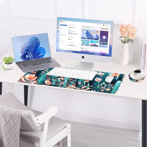 Large Keyboard Mouse Pad Set, Extended Mouse Pad+Keyboard Wrist Rest Support, Memory Foam Ergonomic Easy Typing, 4Pcs (31.5×11.8 in) Desk Pad Set for Office Home,Cute Cactus Blooming Flowers - Image 3