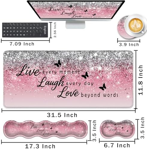 Keyboard Wrist Rest and Mouse Pad with Wrist Support Set Ergonomic Coaster,Memory Foam,Easy Typing Pain Relief,Large XL Desk Mat 31.5"x 11.8",Pink Glitter Quote Live Love Laugh - Image 2