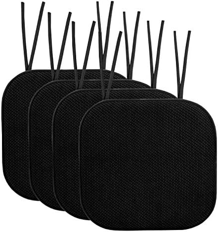 Sweet Home Collection Chair Cushion Memory Foam Pads with Ties Honeycomb Pattern Slip Non Skid Rubber Back Rounded Square 16" x 16" Seat Cover, 4 Pack, Black 4 Pack by SweetHomeCollection
