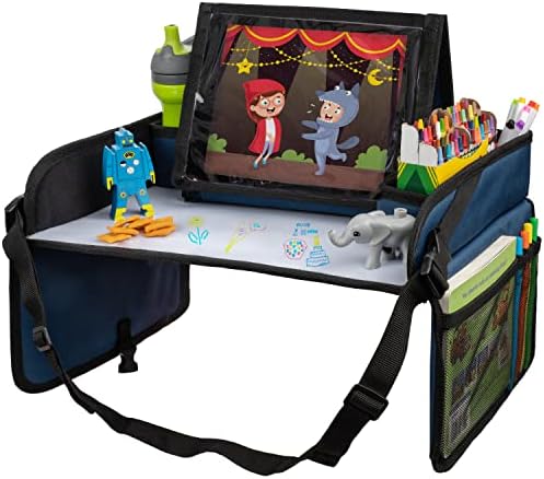 Lusso Gear Kids Travel Tray for Car - Road Trip Essentials for Kids - Car Seat Tray for Travel - Toddler Travel Lap Desk and Organizer - Holds Snacks, Water Bottle, Toys (Blue) by LussoGear