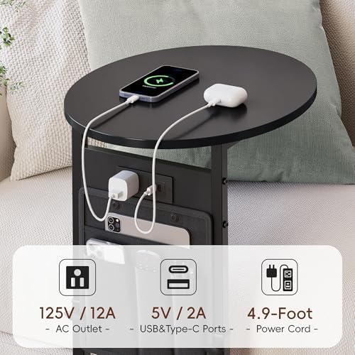 Vagusicc C Shaped End Table with Charging Station, 32" Tall Side Table for Couch and Recliner, Adjustable Height Small Couch Side Table Slide Under Sofa TV Tray Table for Living Room, Bedroom, Black - Image 4