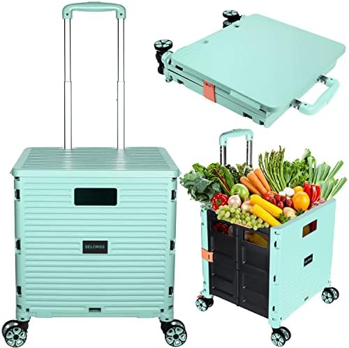 Foldable Utility Cart Portable Collapsible Crate Rolling Carts with Wheels Rolling Tote Basket Teacher Cart with Lid Wear-Resistant 360°Rotate Wheel Noiseless for Shopping Storage Office Use by SELORSS