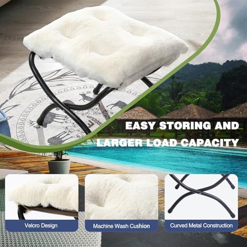 15" Faux Fur Upholstered Folding Foot Rest Stool with Metal Frame Beige - Image 3