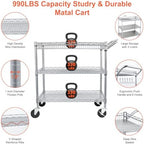 BolDuck Heavy Duty Utility Cart, 990Lbs Capacity 3 Tier Rolling Carts with Wheels, Kitchen Cart on Wheels with Storage, Commercial Grade Metal Serving Carts with Wire Shelving &Handle Bar, Silver - Image 4