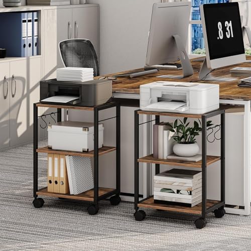 MAHANCRIS Printer Stand, 3-Tier Under Desk Rolling Cart with Storage Shelf, Heavy Duty Printer Table with Wheels for Home and Office, Printer Shelf with 2 Hooks, Small Spaces, Rustic Brown PTHR4001Z - Image 2