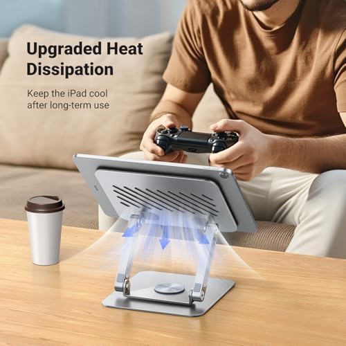 UGREEN Tablet Stand Holder for Desk with 360° Rotating Base Aluminum Dual Rod Support Adjustable Home Office Accessories Compatible with iPad Pro 13 12 11 Air Mini 5 4 3 Phone E-Reader Silver - Image 6