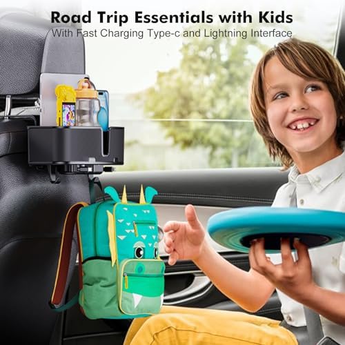 Car Headrest Cup Holder for Back Seat Organizer for Type-c/Lightning Retractable Charging Cables Multi- Hanging Snack Storage Box with Strong Hooks for Kids and Fast Charging for Travel Accessories - Image 2