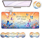 Large Keyboard Mouse Pad Set, Extended Mouse Pad+Keyboard Wrist Rest Support, Memory Foam Ergonomic Easy Typing, 4Pcs (31.5×11.8 in) Desk Pad Set for Office Home,Bible Verse Flower Butterfly by Unknown