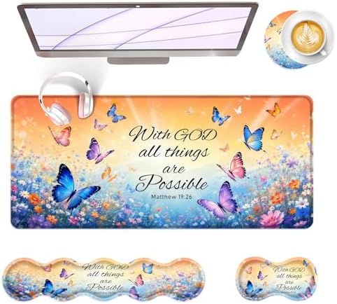 Large Keyboard Mouse Pad Set, Extended Mouse Pad+Keyboard Wrist Rest Support, Memory Foam Ergonomic Easy Typing, 4Pcs (31.5×11.8 in) Desk Pad Set for Office Home,Bible Verse Flower Butterfly by Unknown