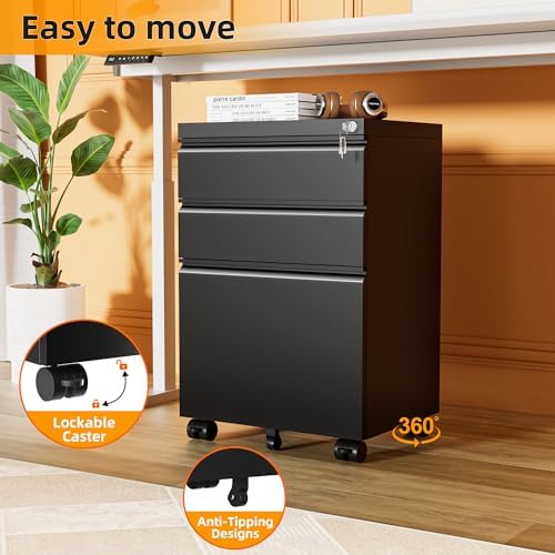 INTERGREAT 3 Drawer File Cabinet, Metal Filling Cabinets with Lock, Locking Office Mobile Cabinet with Wheels for Legal/Letter Size, Under Desk, Assembled Required, Black - Image 5