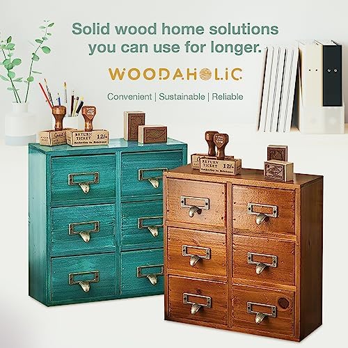Vintage Card Catalog Drawers for Desktop - 6-Drawer Mini Wood Cabinet - Teal Turquoise Organizer, Fully Assembled - Image 7