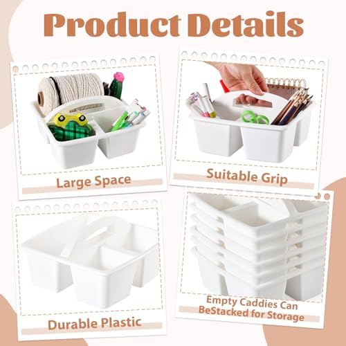 6 Pack Classroom Caddy with Handle Plastic Storage Caddy Organizer with 3 Compartments Desk Caddies Holder Portable Storage Bin for Pencil, Crayon, Marker, Home, Office, School Supplies(White) - Image 3