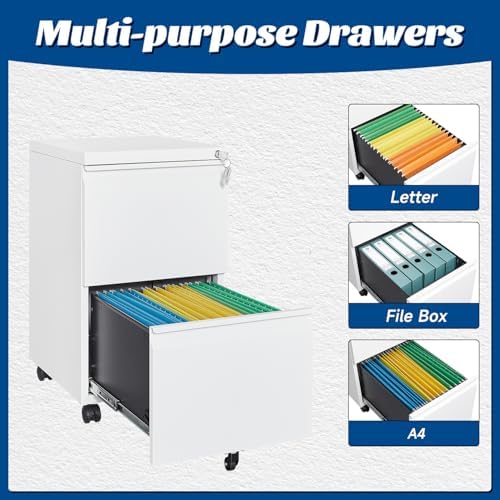 Fesbos 2 Drawers Vertical File Cabinet - Fully Assembled White Under Desk Mobile Filling Cabinet Small Lockable Home Office File Cabinets for A4/Letter/Legal Size - Image 5