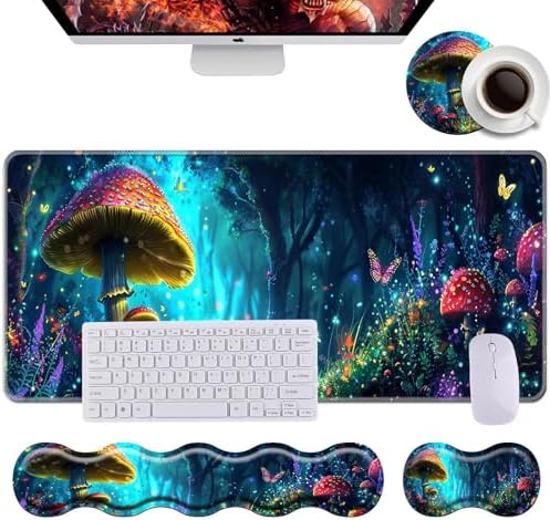 Keyboard Wrist Rest+Mouse Wrist Pad+Desk Pad Set,Memory Foam Ergonomic Easy Typing Pain Relief for Computer Laptop Office Home - Mushrooms and Butterflies by DSRGRGFDJ