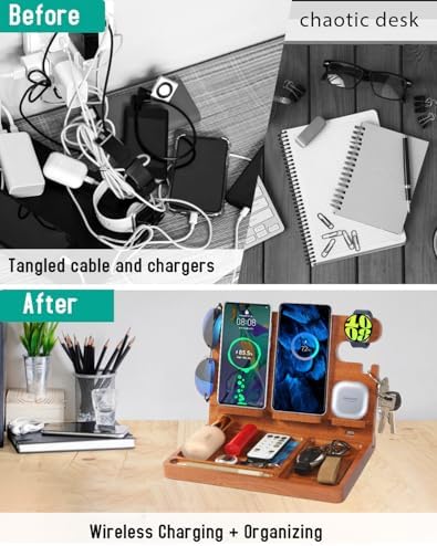 Desk Organizer with 4 Wireless Charging Station for Samsung Devices,27W Dual Wireless Charger Fast Charging for 2 Phones,Galaxy Watch 8/7/6/5/4/3/2,TWS box,Wood Phone Docking Station,Gifts for Men Dad - Image 5
