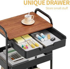 TOOLF 3-Tier Utility Rolling Cart with Wooden Board and Drawer, Metal Storage Cart with Handle, Black Trolley Kitchen Organizer Rolling Desk with Locking Wheels for Office, Classroom, Home, Bedroom - Image 3