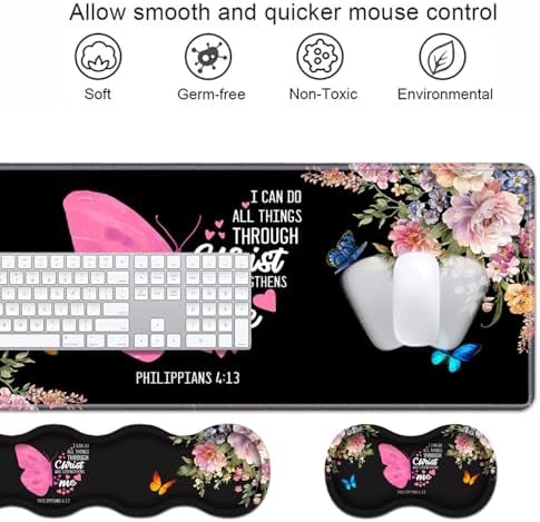Ergonomic Keyboard Wrist Rest & Mouse Pad Wrist Rest Set, Butterfly Quote Bible Verse Philippians 4-13 Large XXL Gaming Desk Mat 31.5"x 11.8" with Non-Slip Base, Memory Foam for Home Office Study Game - Image 4