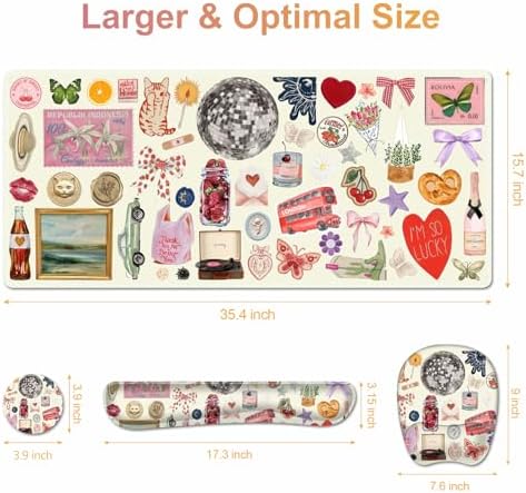 Beige Mouse Pad with Wrist Support 4 in1 Set, XXL Big Game Mousepad + Keyboard Wrist Rest + Mouse Wrist Rest Pad +Coaster Gaming Mat for Home Office Work Computer I Cute Design Stickers - Image 7